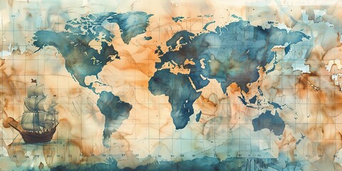Watercolor banner, world map with travel pins, adventure plans, soft earth tones, twilight, wide, wanderlust spirit. - obrazy, fototapety, plakaty