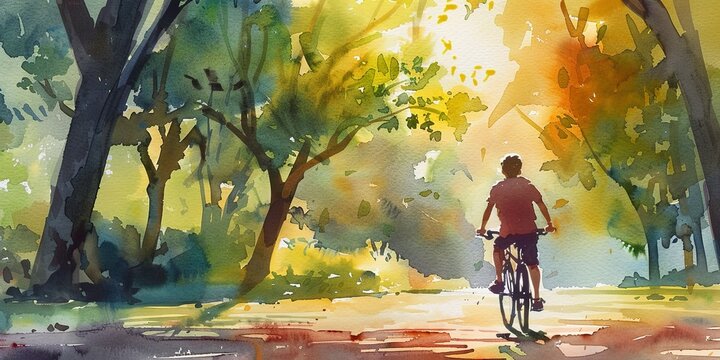 Banner, watercolor father teaching child to ride a bike, park setting, vibrant greens, golden hour glow, wide, supportive moment. 