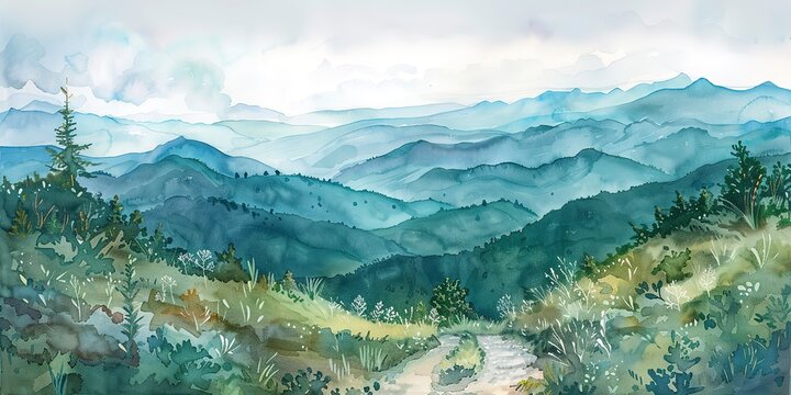 Watercolor, hiking adventure, banner, mountain trail, lush landscapes, midday, wide, shared exploration