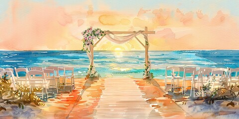Watercolor banner, beach wedding scene, sandy aisle, azure backdrop, golden hour, wide, serene vows. - obrazy, fototapety, plakaty