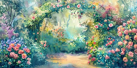 Banner, floral archway, watercolor, lush blooms, garden setting, midday, wide, fragrant gateway. 