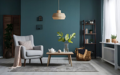 Interior design of aesthetic and minimalist living room with boucle armchair, wooden coffee table, tea pot, ball, leafs in vase, decoration and personal accessories. Copy space. Home decor.