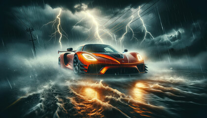 high-performance sports car braving through a storm. The car, painted in a vibrant shade of orange - obrazy, fototapety, plakaty