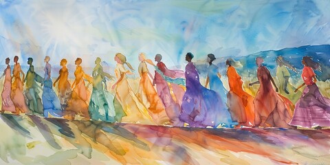 Watercolor, class procession, banner, flowing gowns, diverse faces, midday sun, wide, shared journey.  - obrazy, fototapety, plakaty