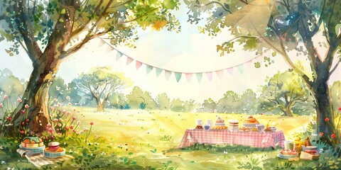Watercolor, birthday picnic, banner, outdoor setting, pastel tablecloth, midday sun, wide, cozy gathering. 