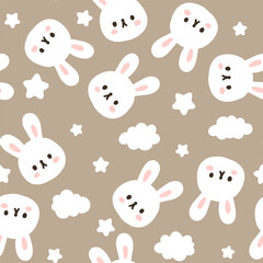 cute hand drawn bunny in the sky with stars and clouds on a pastel brown background, neutral colors for boy and girl, kids seamless pattern for textile