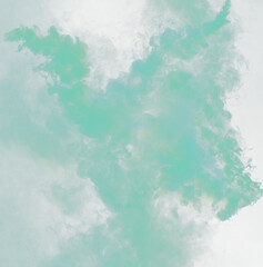 Green Dense Fluffy Puffs of White Smoke and Fog on black Background, Abstract Smoke Clouds,...