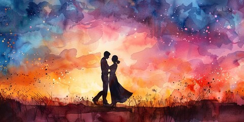 Banner, sunset dance, watercolor, silhouette of a couple, vibrant sky, evening glow, wide, timeless romance. 