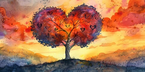 Watercolor banner, heart-shaped tree, carved initials, sunset colors, wide, natural testament of love.