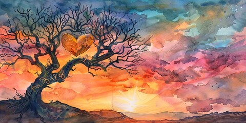 Watercolor banner, heart-shaped tree, carved initials, sunset colors, wide, natural testament of love. 