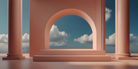 Surreal 3D Render: Abstract Peachy Geometric Background with Modern Minimal Showcase Scene, Empty Podium for Product Presentation, and Optical Illusion of White Clouds Flying Through Arch Window - Con