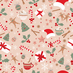 Christmas Seamless Pattern. Christmas and New year Holiday Repeatable Pattern. Decorative Elements Texture for Wallpaper, Gift Wrapping paper, Card or Banner Template or Fabric Textile Prints.
