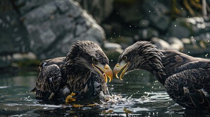 Two white-headed eagles are preying on their food in the river