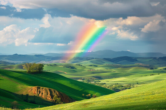 A scenic countryside view with rolling hills and a vibrant rainbow.