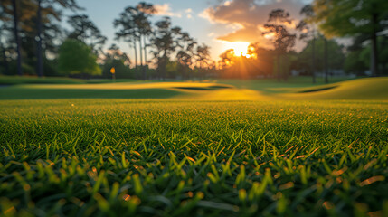 Golf course - tournament - country club - pristine - well-manicured - sunset - golden hour - links - green - fairway - tee  - obrazy, fototapety, plakaty