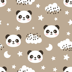 Cute panda bear with stars and clouds on a neutral brown color for baby boy and girl seamless pattern background, kids kawaii woodland animals fabric and textile print design.