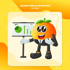 Cute orange character presenting financial reports