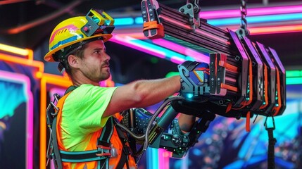 construction worker with a robotic exoskeleton, lifting heavy beams as if they were feathers