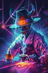 demonheaded barista crafts the perfect cup of dark coffee, steam rising like spirits from the cup - obrazy, fototapety, plakaty