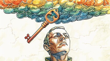 A giant key floating above a thinkers head, unlocking the secrets of the universe , no contrast