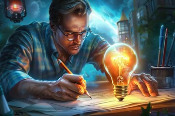 An architect drawing plans where the pencil tip is a glowing light bulb, drafting illuminated ideas , - obrazy, fototapety, plakaty