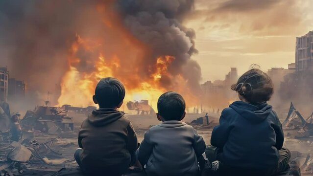 Innocent children sit in front of the city during the war. military tank fire and smoke of political world war problem concept.