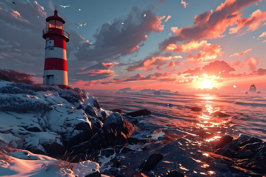 lighthouse at sunset, Generative AI