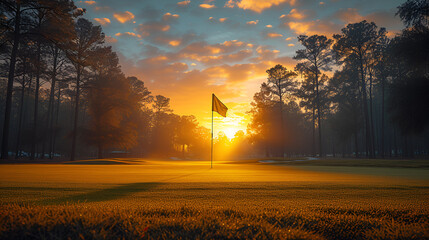 Golf course - tournament - country club - pristine - well-manicured - sunset - golden hour - links - green - fairway - tee  - obrazy, fototapety, plakaty