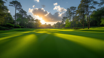 Golf course - tournament - country club - pristine - well-manicured - sunset - golden hour - links - green - fairway - tee  - obrazy, fototapety, plakaty