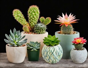 collection Set of different mixed cactus and succulents types of small mini plant in modern ceramic nordic vase pot as furniture cutouts isolated