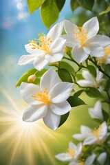 Beautiful jasmine flowers on nature background. Soft focus.