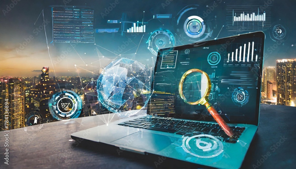 Poster infographic charts analysis of corporate laptop antivirus or phishing malware attach detection and c