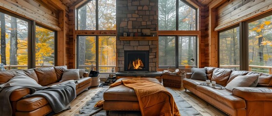 Naklejka premium Cozy Woodland Retreat with Crackling Fireplace and Serene Nature Views. Concept Forest Getaway, Cabin Life, Nature's Peace, Rustic Charm, Fireside Relaxation