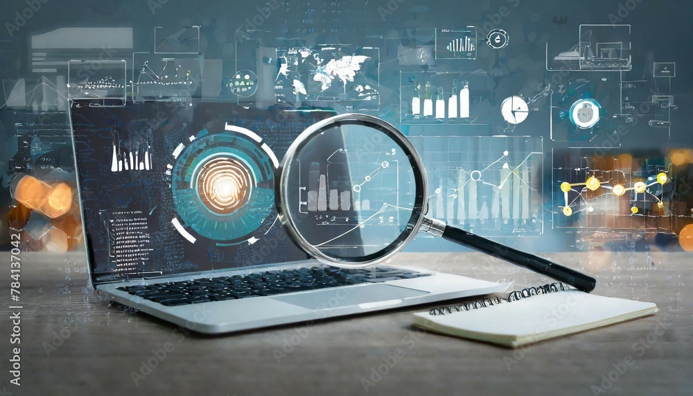 Poster infographic charts analysis of corporate laptop antivirus or phishing malware attach detection and c