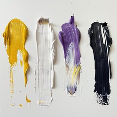 Drawn with four separate strokes of oil paint brushes, one stroke each in yellow, white, purple, and black, against a white background.