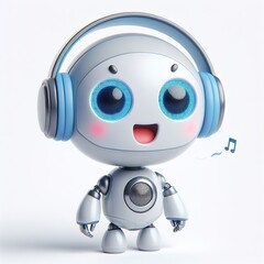 Obraz na płótnie Canvas a cute AI robot wearing Wireless headphone and singing, funny, happy, smile, white background