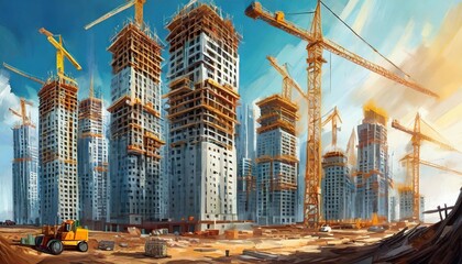 generic under construction site as mega residential towers complex for apartments or flat investment in real estate and infrastructure projects, wide banner - obrazy, fototapety, plakaty