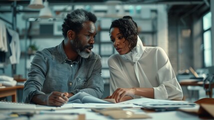 Two African American professionals collaborating in modern office, focused on paperwork, intimate atmosphere.