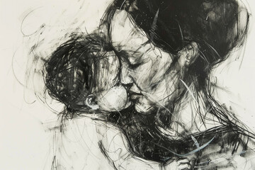 A mom and baby depicted in a charcoal drawing, showcasing their tender connection with expressive lines.