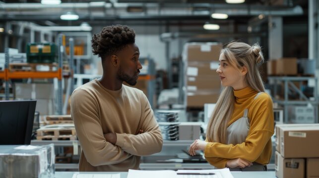 Two coworkers conversing in warehouse, man in beige shirt, woman in yellow top, industrial background.