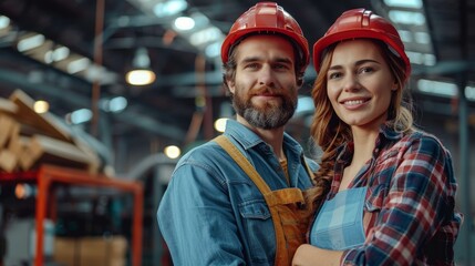 Fototapeta premium Confident construction workers, male and female with hard hats and tool belt in an industrial warehouse setting. Suitable for job safety, teamwork, and skilled labor themes. Copy space.