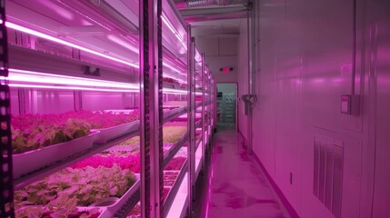 Indoor vertical farm with rows of fresh lettuce under pink LED lights, modern agriculture concept, hydroponic technology.