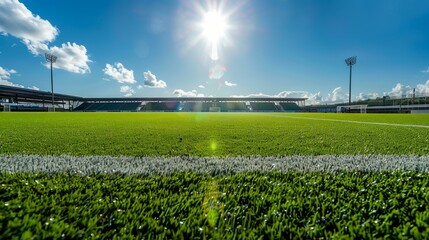 Sunshine over an empty soccer stadium with lush green grass and clear blue skies