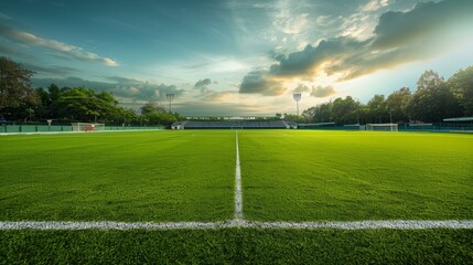 Soccer field at sunset with vibrant green grass and clear marking lines under a dramatic sky