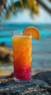 elicious cocktail on a rock at the beach on a warm summer day. A fresh holiday dream captured in a vertical video
