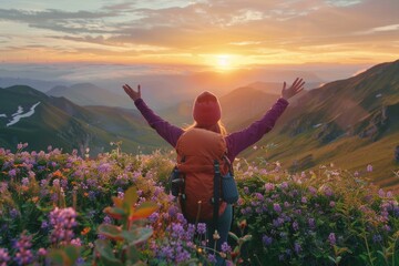 Hiker embracing the sunrise amidst alpine flowers in the mountains