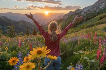 Person embracing the sunset in a vibrant wildflower meadow in the mountains