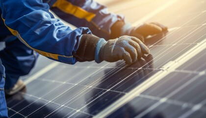 Workers installing solar panels on a rooftop for sustainable energy generation