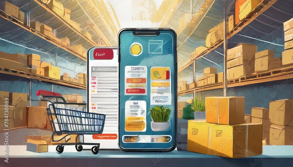Poster online shopping list and free shipping through mobile app marketplace and home delivery with applica