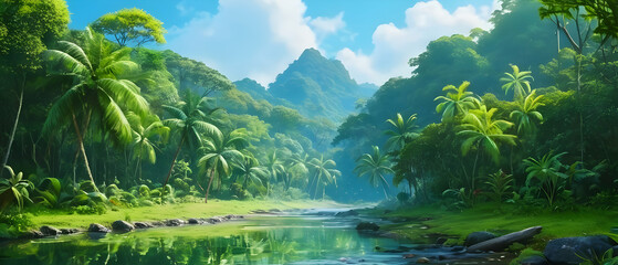 Panorama painting of beautiful stream - natural landscape in the tropical forest.